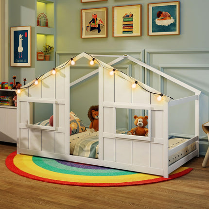 Dreamade Twin Kids House Bed with Light Bulbs Wooden Montessori Floor Bed Frame with Roof & Windows