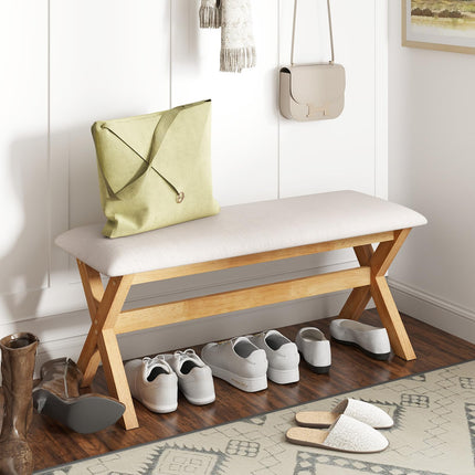 Dreamade Upholstered Long Entryway Bench, Rubber Wood Dining Bench with Padded Seat, 43.5x15.5x17.5 Inches, 400 Lbs Capacity