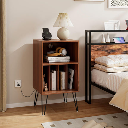 Dreamade Record Player Stand with Charging Station Turntable Cabinet with Record Storage & Metal Legs
