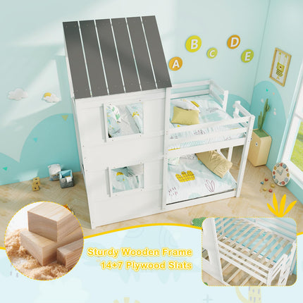 Dreamade House Bunk Bed Twin Over Twin, Solid Wood Floor Bunk Bed with Built in Ladder, Window & Safety Guardrail