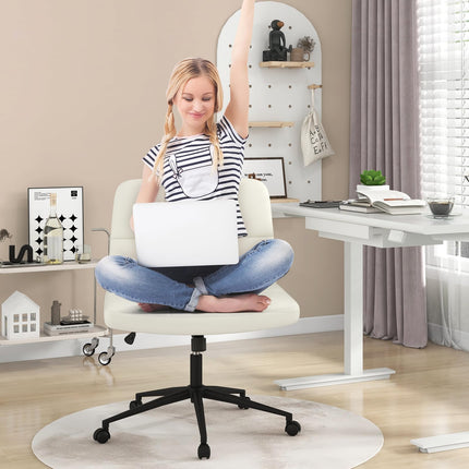 Dreamade Criss Cross Chair with Wheels, PU Leather Cross Legged Office Chair, Height-adjustable Swivel Vanity Chair