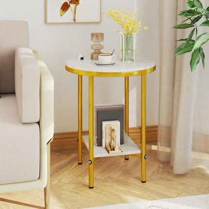 Dreamade Round Side Table 2-Tier Faux Marble Sofa Side Coffee Table w/Gold Frame & Open Shelf
