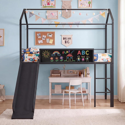 Dreamade Twin Size House Loft Bed | Low Loft Bedframe w/Roof