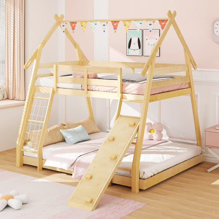 Dreamade Twin Over Queen Bunk Bed, Wood House Bunk Bed for Kids with Climbing Nets and Ramp
