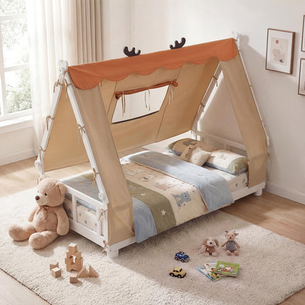Dreamade Twin Size House Floor Wood Bed with Tent