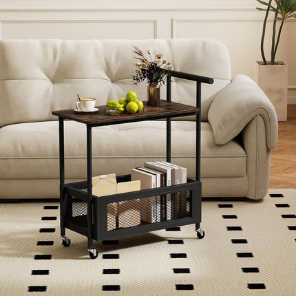 Dreamade Rolling End Table with Handle 2-Tier Sofa Side Table with Open Shelf & Mesh Basket