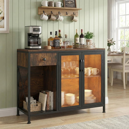 Dreamade Industrial Buffet Sideboard with Power Outlets and LED Light