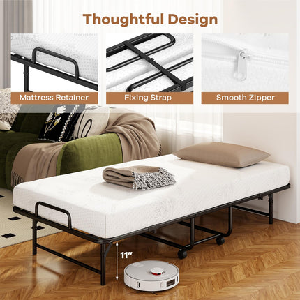 Dreamade Twin Folding Bed Frame with 5 Inch Mattress, Portable Rollaway Guest Bed, 75" x 38"