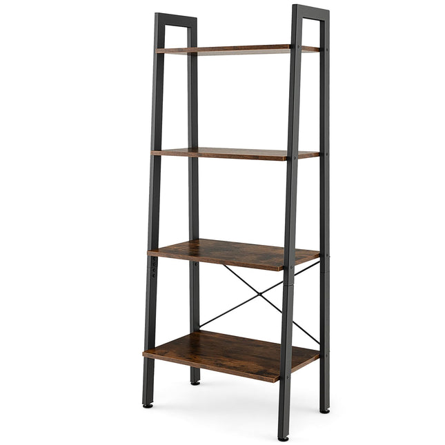 Dreamade Industrial 4-Tier Bookshelf, Ladder Bookshelf with Metal Frame, Anti-Tipping Kits
