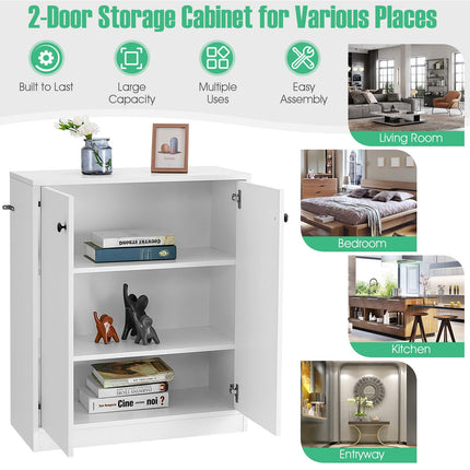 Dreamade 2 Door Storage Base Cabinet - Freestanding Floor Cabinet with 3-Tier Shelf, White
