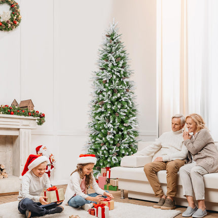 Dreamade 7.5 FT Pre-Lit Pencil Christmas Tree, Artificial Snow Flocked Hinged Fake Slim Xmas Tree with 350 Warm-White LED Lights