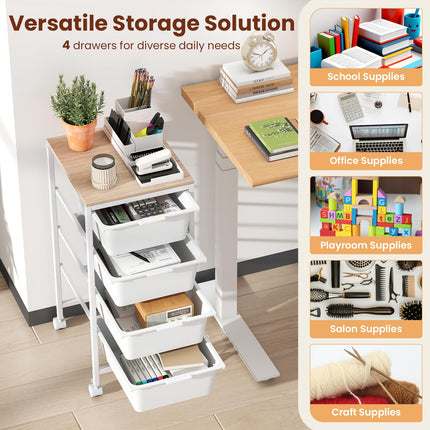 Dreamade 4-Drawer Rolling Storage Cart Mobile Utility Organizer with Wooden Tabletop and Lockable Wheels