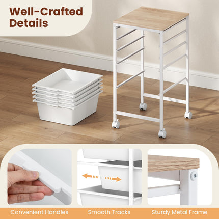 Dreamade 5-Drawer Rolling Storage Cart Mobile Utility Organizer with Wooden Tabletop and Lockable Wheels