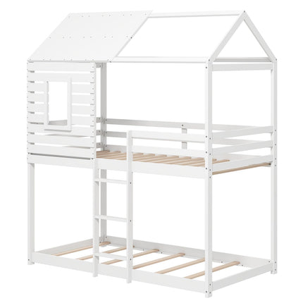 Dreamade White Wood Bunk Bed Twin Over Twin with Ladder and Guardrail