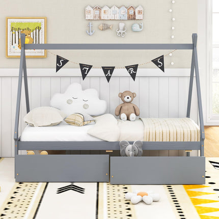 Dreamade Twin Bed Frame with 2 Storage Drawers, Wood House Tent Platform Bed Frame with Triangle Structure