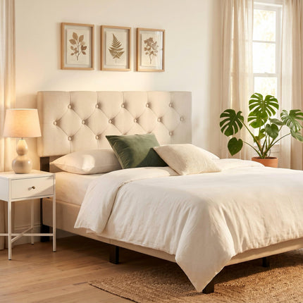 Dreamade Queen/Full Size Button Tufted Linen Fabric Head Board with Wood Support Legs