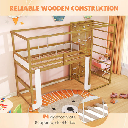 Dreamade Twin Bunk Bed with Jungle Gym Wooden Loft Bed with Climbing Ladder