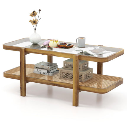 Dreamade Rattan Coffee Table, 47.5" Rectangle Solid Wood Tea Table w/Tempered Glass Tabletop