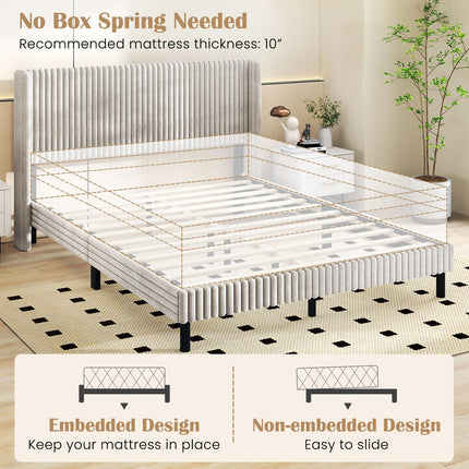 Dreamade Queen Velvet Bed Frame Upholstered Platform Bed with Vertical Tufted Wingback Headboard