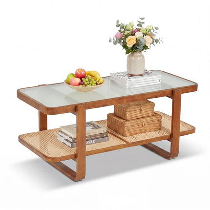 Dreamade Rattan Coffee Table | 41.5" Farmhouse Center Table with Storage & Frosted Tempered Glass
