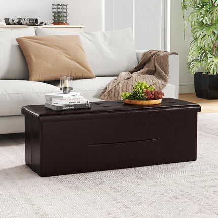 Dreamade 43 Inches Folding Storage Ottoman Bench Upholstered PU Leather Storage Chest with Side Pocket