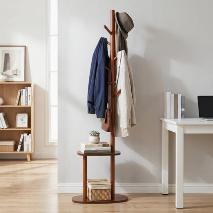 Dreamade 70" Solid Wood Clothing Rack with 8 Hooks and 2 Storage Shelves