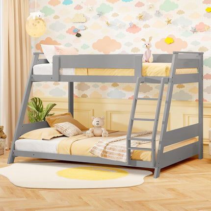 Dreamade Wood Bunk Beds Twin Over Full Size, Solid Wood Floor Low Bunk Bed w/Removable Ladder