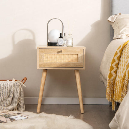 Dreamade Boho Rattan Nightstand Set of 2 - Bedside Table with Hand-Woven Rattan Decoration, Natural