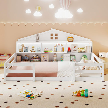 Dreamade Montessori Floor Bed with LED Lights 2-in-1 Wooden House Bed Frame with Safety Guardrails