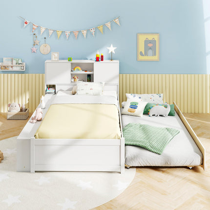 Dreamade White Twin Size Bed Frame with Trundle and Bookcase Headboard