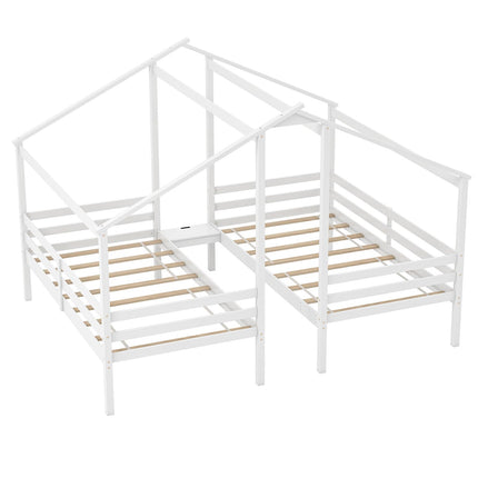 Dreamade Double Twin Bed Frames for Kids, Wood House Shaped Platform with Built-in Nightstand & USB Port