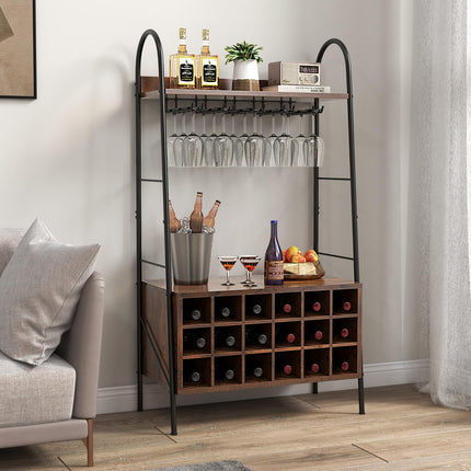 Dreamade 18-Bottle Wine Rack Freestanding Floor, Kitchen Baker’s Rack w/ 15 Glasses Holder, Rustic Brown