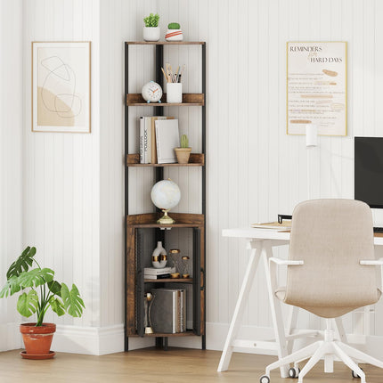 Dreamade 6-Tier Corner Shelf 67 Inches Tall Corner Bookshelf with Cabinet Industrial Bookcase