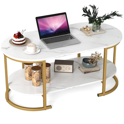 Dreamade 2-Tier Coffee Table Oval Center Table with Wood Grain Top & Open Storage Shelf