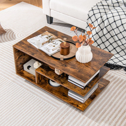 Dreamade Coffee Table with Storage, Modern Rectangular Accent Table with L-shaped Middle Shelf