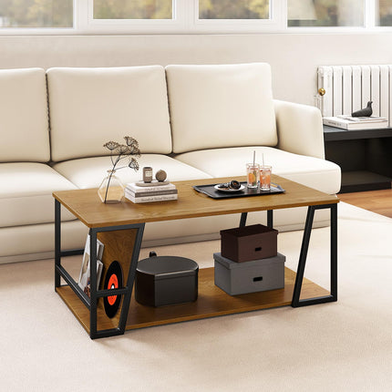 Dreamade Rectangle Coffee Table 2-tier Industrial Accent Table with Storage Shelf and Compartment