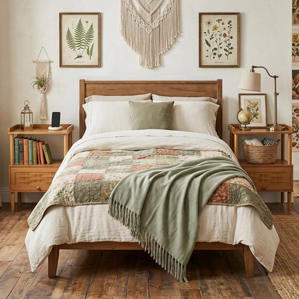 Dreamade Boho Bamboo Rattan Nightstand w/Flip-Up Door & Rasied Edge