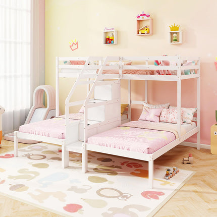 Dreamade Twin Over Twin & Twin Bunk Bed, Triple Bunk Beds with 4-Step Storage Stair, Wooden 3 Bunk Beds for Kids Teens