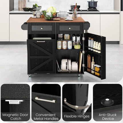 Dreamade Kitchen Island Cart with Hidden Tilt Out Trash Can Cabinet, Drop Leaf, 2 Drawers, Towel Rack