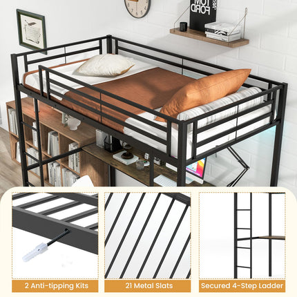 Dreamade Twin Loft Bed with L-Shaped Desk, Metal Loft Bed Frame with LED Lights