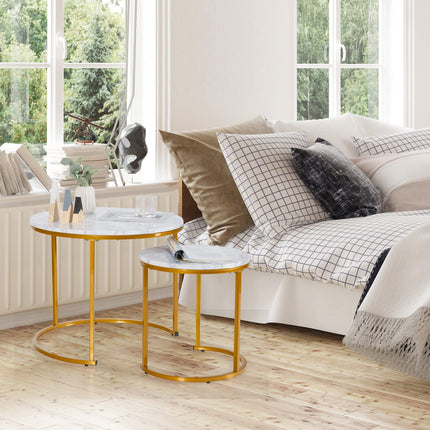 Dreamade Nesting Coffee Table Set of 2, Round Stacking Side Tables with Wooden Tabletop & Powder Coated Steel Frame