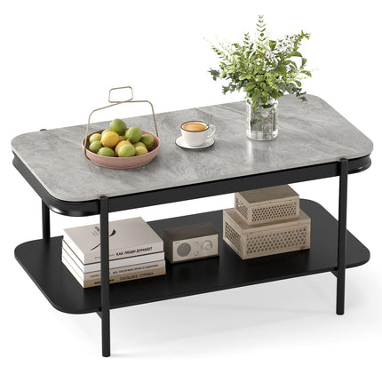Dreamade 2-Tier Coffee Table with Storage Faux Mable Center Table w/Sintered Stone Top