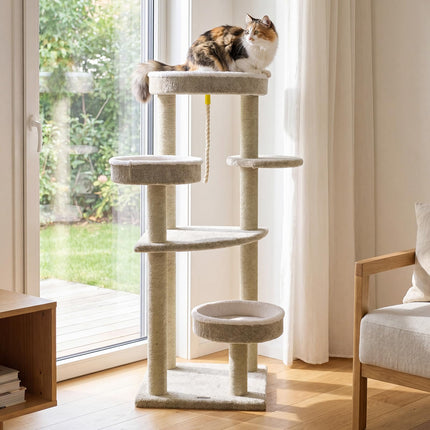 DREAMADE 51-Inch Modern Multi-Level Cat Tower with 3 Cozy Beds