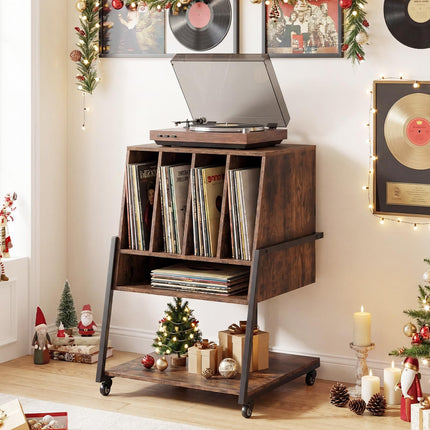 Dreamade Record Player Stand on Wheels | 3-Tier Turntable Stand with Charging Station