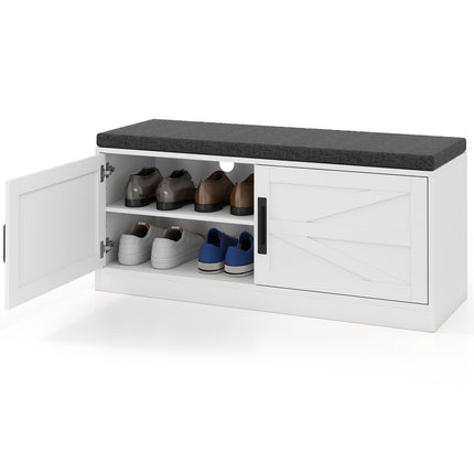 Dreamade Shoe Storage Bench with Cushion, 2-Tier Entryway Bench w/2 Barn Doors & 2 Adjustable Shelves
