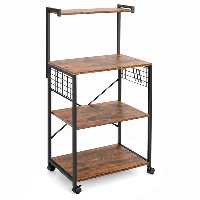 Dreamade Kitchen Baker Rack on Wheels, Industrial Utility Storage Shelf, with 3 Hooks (Rustic Brown)
