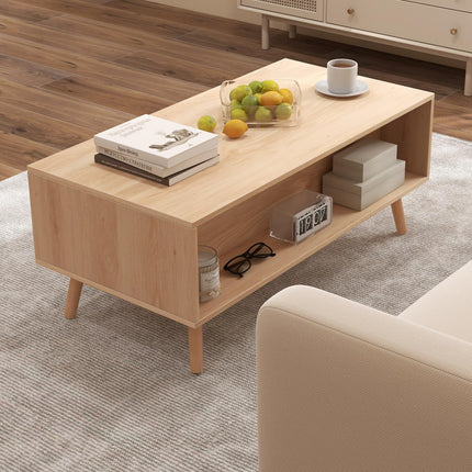 Dreamade Rattan Coffee Table, Mid Century Modern Center Table with 2 Storage Drawers & Back Compartment