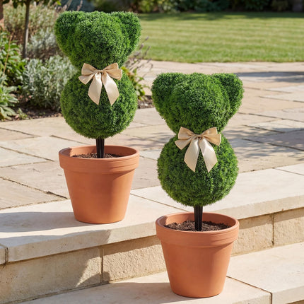 Dreamade 2 Pcs Teddy Bear Topiary Trees 16.5”Sun-Resistant Faux Boxwood Plants