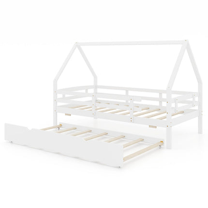 Dreamade Twin House Bed with Trundle, Wood Kids Bed Frame with Roof & Fence Rails