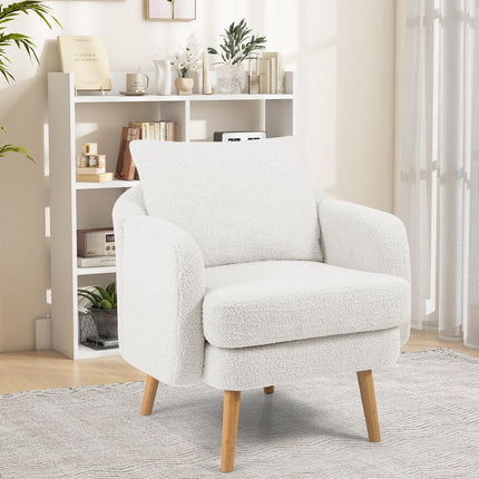 Dreamade Sherpa Accent Chair, Modern Upholstered Single Sofa Chair with Back Pillow & Solid Rubber Wood Legs